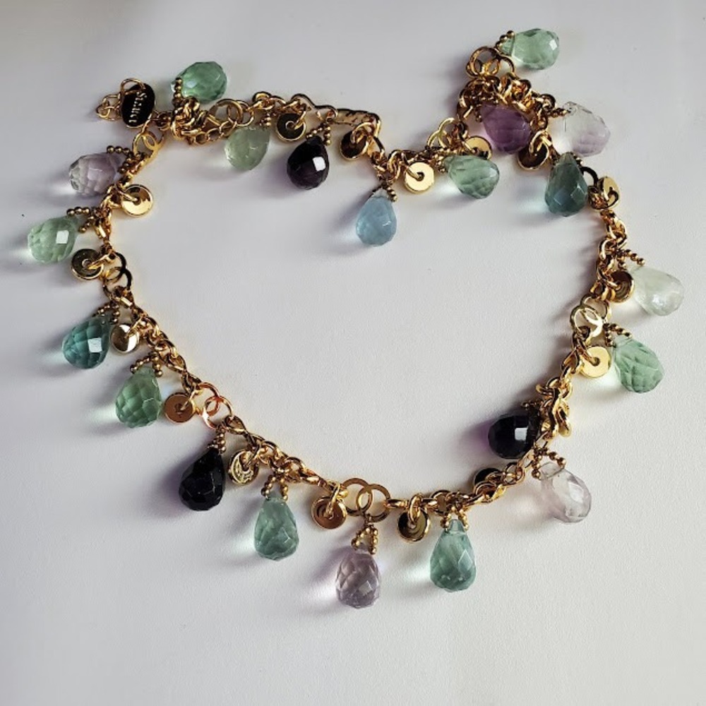 Stauer Gold Plate Multi Gemstone Teardrop Briolette Charm Statement Necklace
